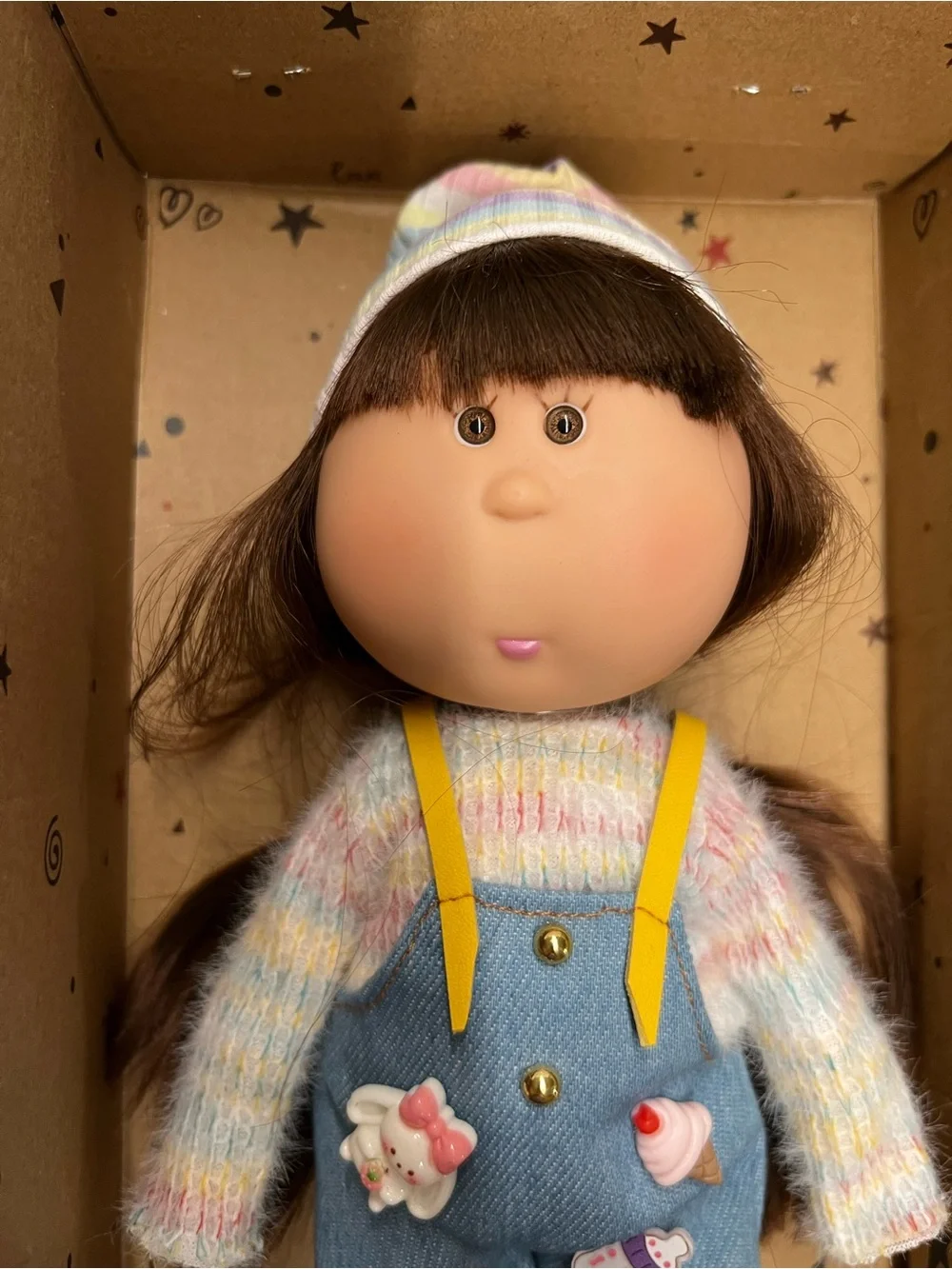 New, Mia Potato Doll in Pastel Striped Hat and Blue Overalls